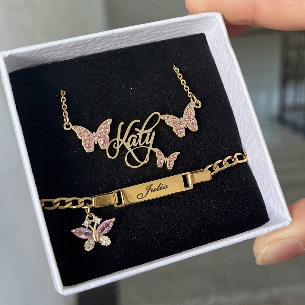 Engraved Name Necklace - Duoying ชุดผีเสื้อสีชมพูแบบกำหนดเองสร้อยคอแผ่นป้ายหินวันเกิดส่วนบุคคลสร้อยข้อมือสแตนเลสสตีลสลักชื่อ ID
