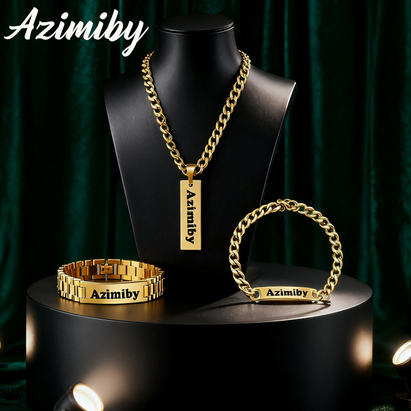 Engraved Name Necklace - ชุดสร้อยข้อมือและสร้อยคอสไตล์พังก์คลาสสิก Azimiby ปรับแต่งชื่อได้ ทำจากสแตนเลส สลักข้อความส่วนตัว ของขวัญส่วนบุคคลสำหรับผู้หญิงและผู้ชาย