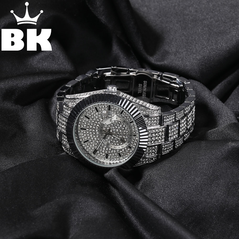 King'S Jewelry Watches - นาฬิกาผู้ชายรูปกษัตริย์ส่องแสงเป็นประกายวิบวับเป็นโลหะประดับพลอยเทียมนาฬิกาข้อมือหน้าปัดกลมนาฬิกาควอตซ์ขนาดใหญ่เครื่องประดับสำหรับผู้ชายที่ตัดแบบบาแกตต์