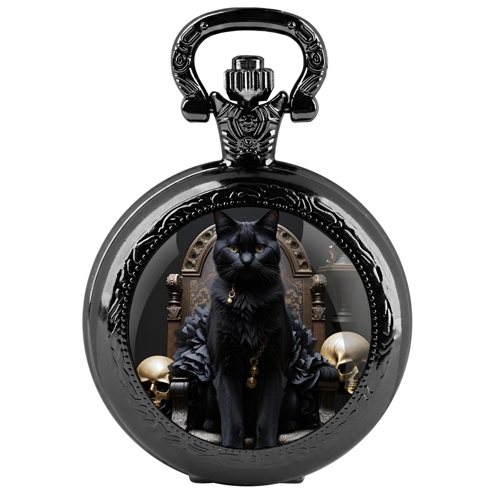 King'S Jewelry Watches - สแตนเลสสีดําต้นไม้ Cool King Cat สร้อยคอนาฬิกาพ็อกเก็ตควอตซ์ผู้หญิงผู้ชายเด็กเครื่องประดับจี้