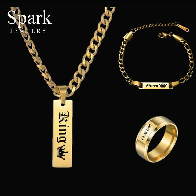 Engraved Name Necklace - Spark ส่วนบุคคลที่กําหนดเองหนาแกะสลักชื่อวันที่สร้อยคอสร้อยข้อมือแหวนสําหรับผู้ชายผู้หญิงชุดเครื่องประดับของขวัญวันเกิด