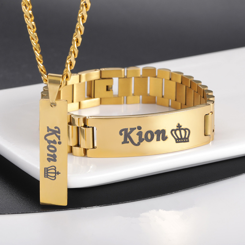 Engraved Name Necklace - สร้อยคอชื่อผู้ชายกำหนดเองได้ชุดเครื่องประดับกำไลใหญ่ชุดเครื่องประดับสแตนเลสสตีลสีทองป้ายชื่อแฟนพ่อลูกชายสามีของขวัญ