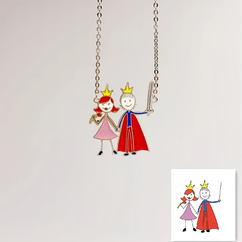 Engraved Name Necklace - สร้อยคอจี้เคลือบสีแบบกำหนดเอง ของที่ระลึกสำหรับเด็ก งานศิลปะจากภาพวาดเด็ก เครื่องประดับสแตนเลส กันน้ำและไม่ซีดจาง ของขวัญ